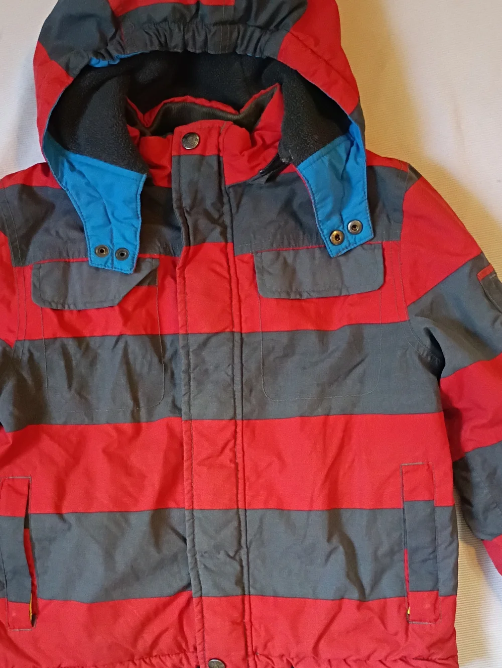 Mini Boden Red & Gray Striped Hooded Winter Jacket